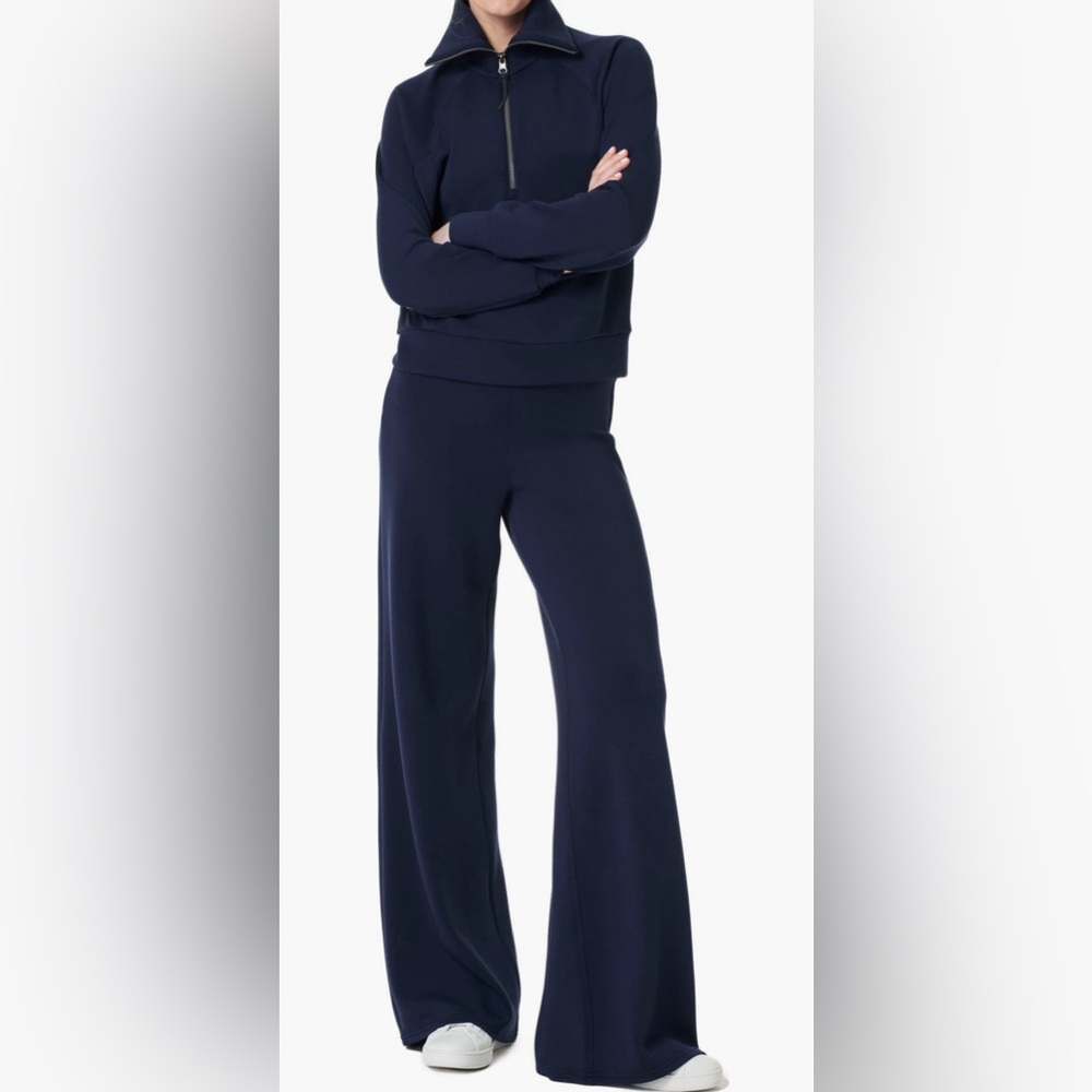 Spanx Matching Set - Navy Half Zip Pullover and High-Waisted Wide Leg Pants